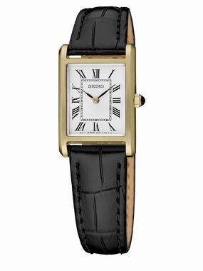 Seiko Gold-Tone Rectangular Case Black Leather Strap Women's Watch